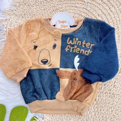 Conj. Casaco Winter Friends e Calça de Pelinho - Azul Marinho